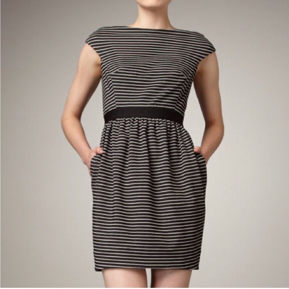 Shoshanna Black and White Striped Cap-Sleeve Waist-Defined Dress